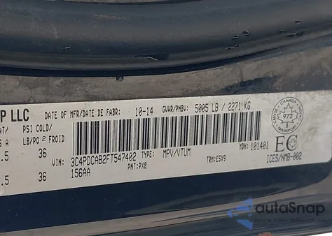 2015 Dodge Journey Se из США, поврежденный, VIN 3C4PDCAB2FT547402